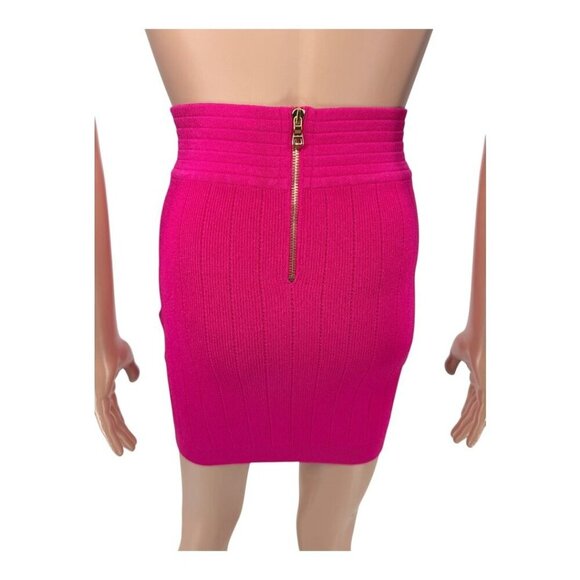 Balmain Mini Skirt Ribbed Knit Button Pink FR36 US4 - Picture 4 of 7